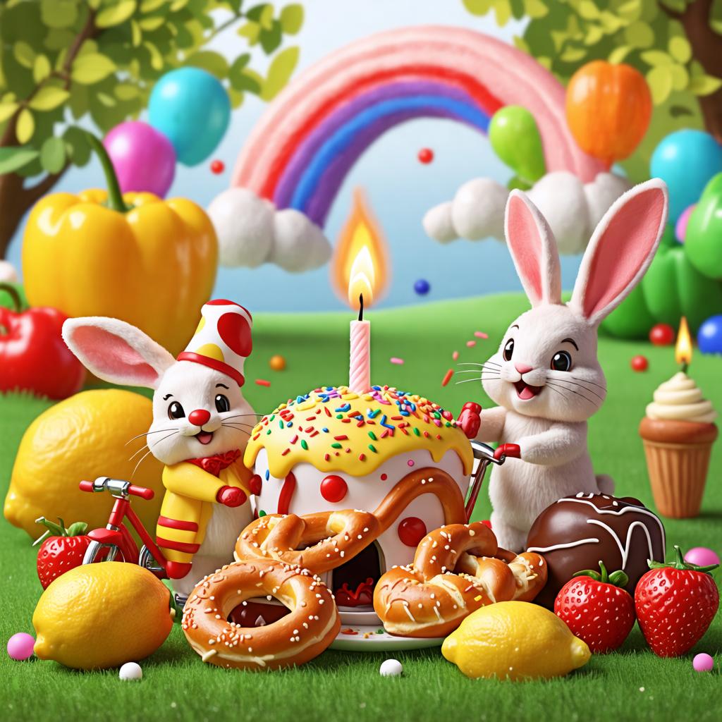 bunny, pretzel, igloo, bicycle, candle, rainbow, clown, lemon, bell pepper, chocolate